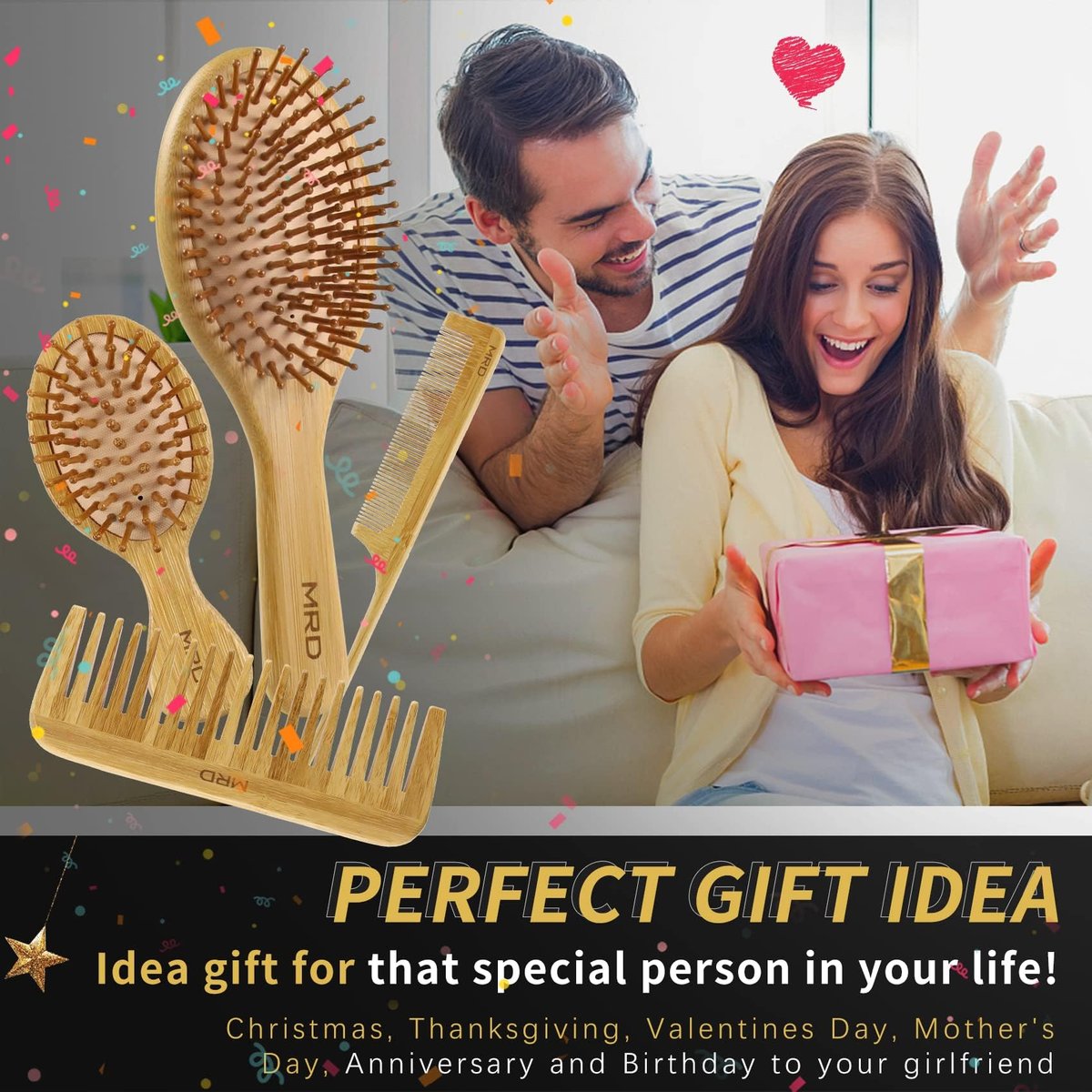 MRD Natural Bamboo Hair Brush Set - Eco-Friendly Detangling Comb for Women, Men, and Kids - Includes Paddle Brush, Wide-Tooth Comb, and Tail Comb for Thick, Thin, Curly, or Dry Hair - görsel 13
