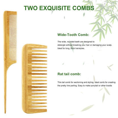 MRD Natural Bamboo Hair Brush Set - Eco-Friendly Detangling Comb for Women, Men, and Kids - Includes Paddle Brush, Wide-Tooth Comb, and Tail Comb for Thick, Thin, Curly, or Dry Hair