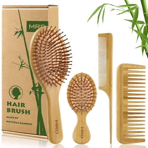 MRD Natural Bamboo Hair Brush Set - Eco-Friendly Detangling Comb for Women, Men, and Kids - Includes Paddle Brush, Wide-Tooth Comb, and Tail Comb for Thick, Thin, Curly, or Dry Hair - görsel 2