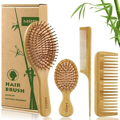 MRD Natural Bamboo Hair Brush Set - Eco-Friendly Detangling Comb for Women, Men, and Kids - Includes Paddle Brush, Wide-Tooth Comb, and Tail Comb for Thick, Thin, Curly, or Dry Hair