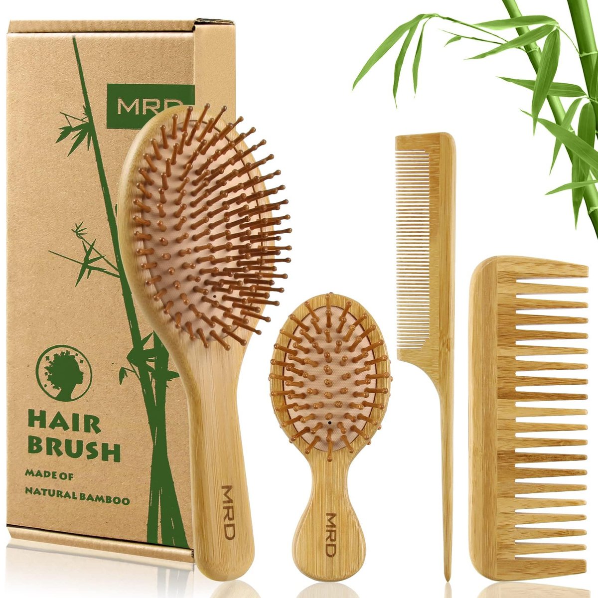 MRD Natural Bamboo Hair Brush Set - Eco-Friendly Detangling Comb for Women, Men, and Kids - Includes Paddle Brush, Wide-Tooth Comb, and Tail Comb for Thick, Thin, Curly, or Dry Hair - görsel 1