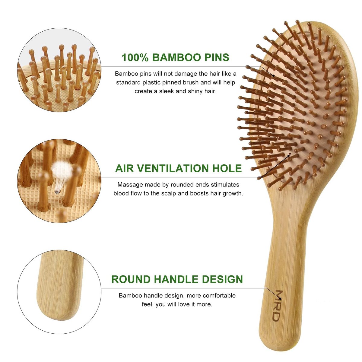 MRD Natural Bamboo Hair Brush Set - Eco-Friendly Detangling Comb for Women, Men, and Kids - Includes Paddle Brush, Wide-Tooth Comb, and Tail Comb for Thick, Thin, Curly, or Dry Hair - görsel 7