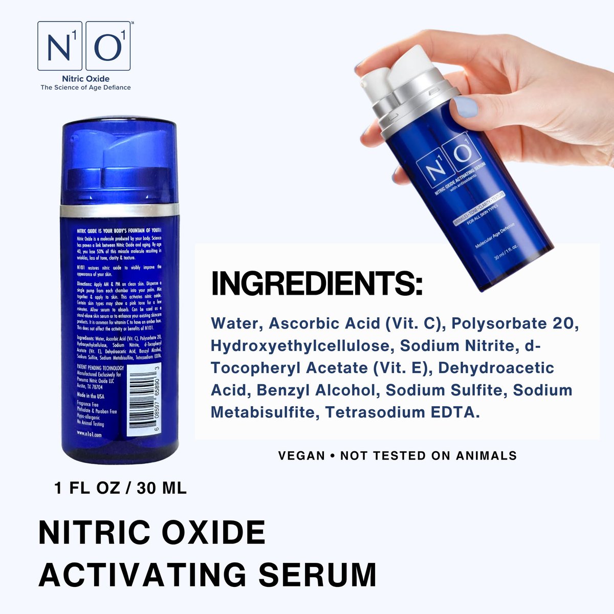 N1O1 Nitric Oxide Activating Serum with Antioxidants – Hydrating Face Serum, Decreases Wrinkles, Pore Minimizer, Improves Skin Texture, Helps Dark Spots, 1 Fl Oz (30ml) Avelisse