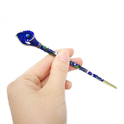 Honbay Cloisonné Vintage Hair Stick with Calla Lily Design – Blue Rhinestone Hair Chopstick