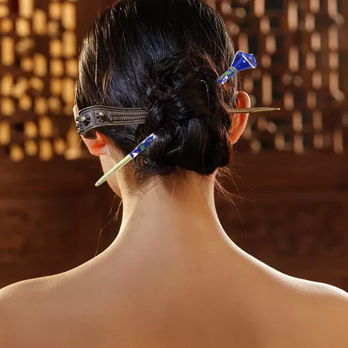 Honbay Cloisonné Vintage Hair Stick with Calla Lily Design – Blue Rhinestone Hair Chopstick - görsel 11