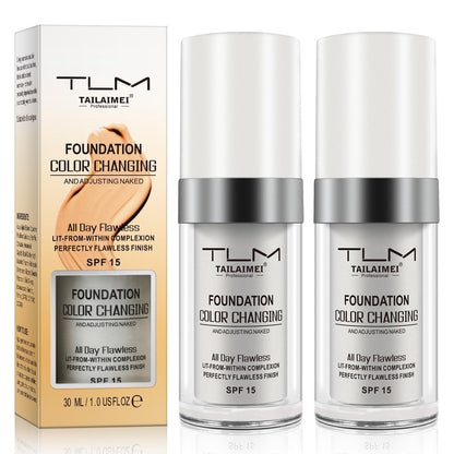 2-Pack Flawless Colour Changing Warm Skin Tone Foundation - Natural Blending, Moisturizing, Long Lasting Waterproof Liquid Foundation with SPF 15 for Face Makeup