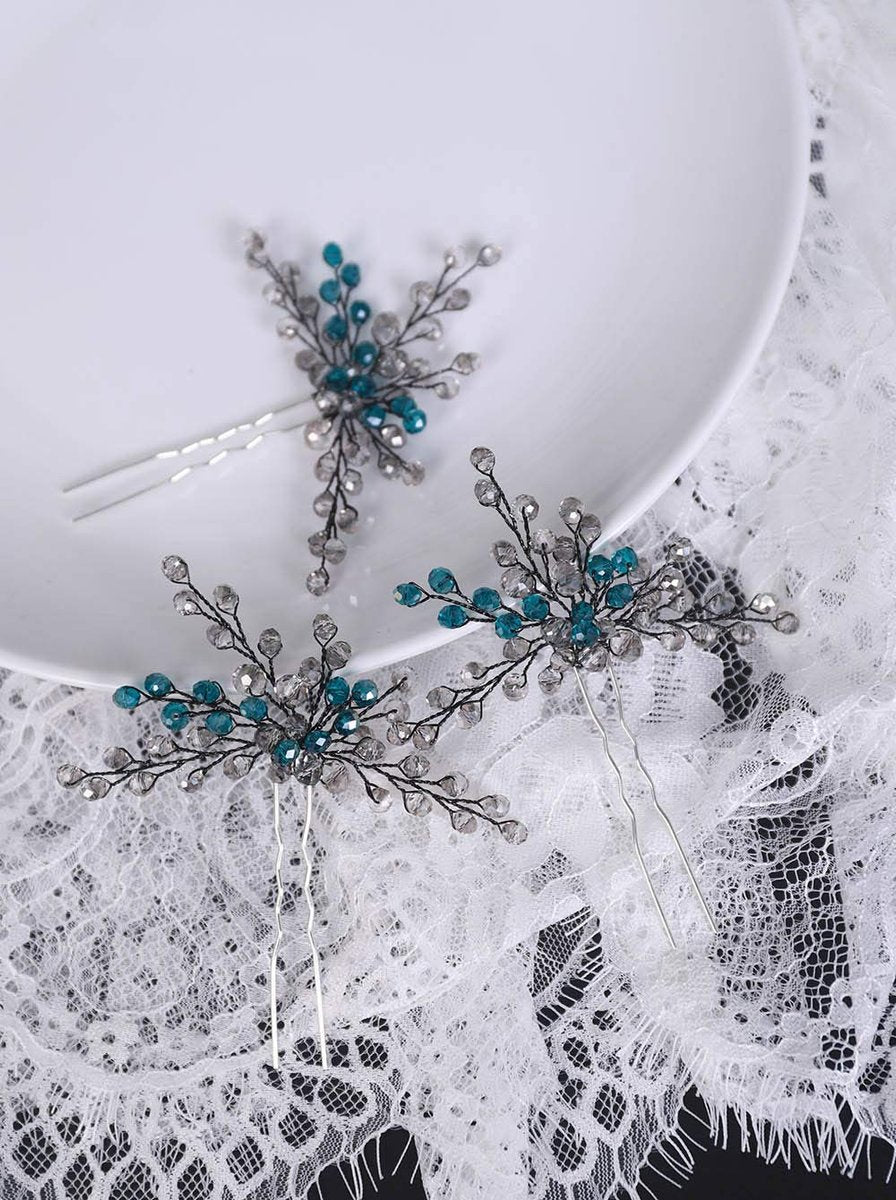 YERTTER Peacock Blue Bridal Hair Pins Set of 3 - Crystal Headpiece Hair Clips for Women Brides - görsel 11