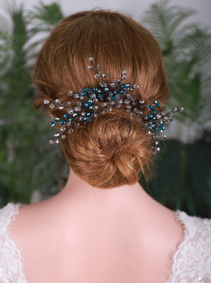 YERTTER Peacock Blue Bridal Hair Pins Set of 3 - Crystal Headpiece Hair Clips for Women Brides