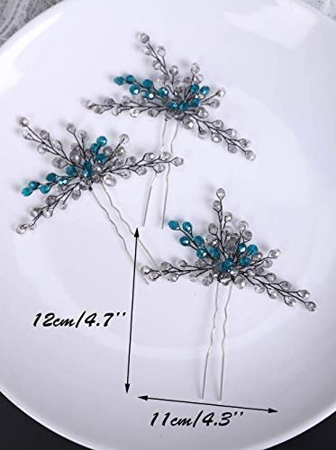 YERTTER Peacock Blue Bridal Hair Pins Set of 3 - Crystal Headpiece Hair Clips for Women Brides - görsel 8