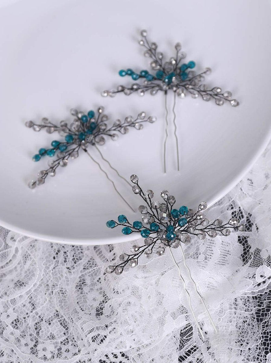YERTTER Peacock Blue Bridal Hair Pins Set of 3 - Crystal Headpiece Hair Clips for Women Brides - görsel 9