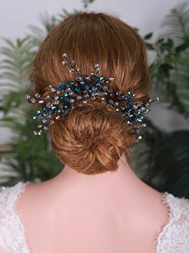 YERTTER Peacock Blue Bridal Hair Pins Set of 3 - Crystal Headpiece Hair Clips for Women Brides - görsel 2