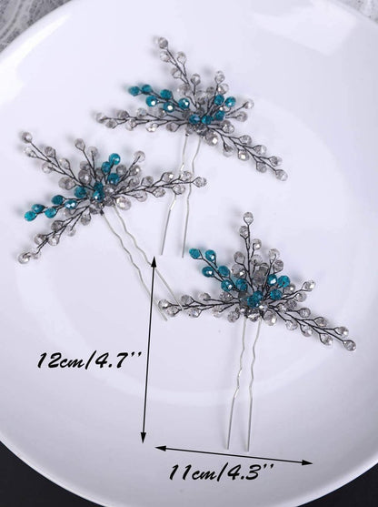 YERTTER Peacock Blue Bridal Hair Pins Set of 3 - Crystal Headpiece Hair Clips for Women Brides