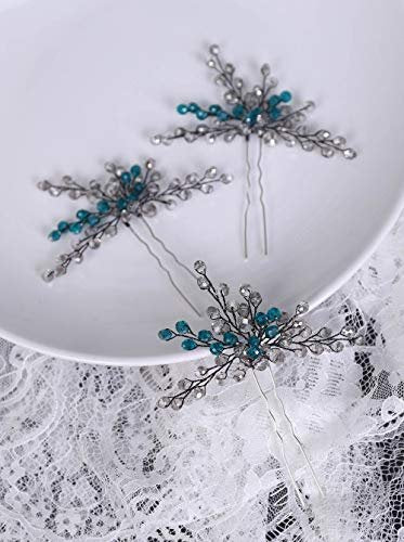 YERTTER Peacock Blue Bridal Hair Pins Set of 3 - Crystal Headpiece Hair Clips for Women Brides - görsel 10