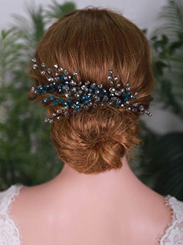 YERTTER Peacock Blue Bridal Hair Pins Set of 3 - Crystal Headpiece Hair Clips for Women Brides