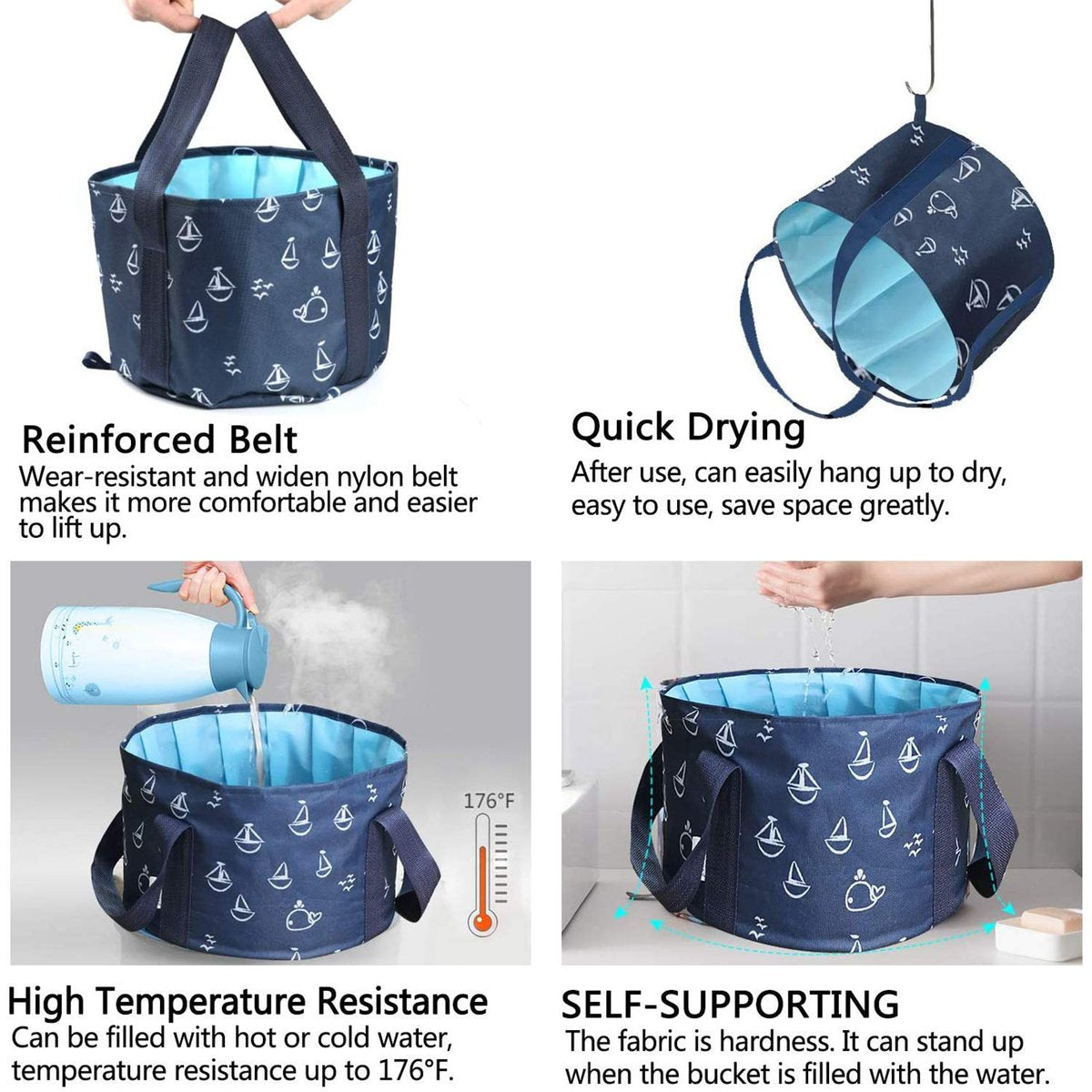 Collapsible Foot Soaking Bucket - Portable Travel Foot Bath Tub for Pedicure, Camping, and Home Use - Navy Blue - görsel 15