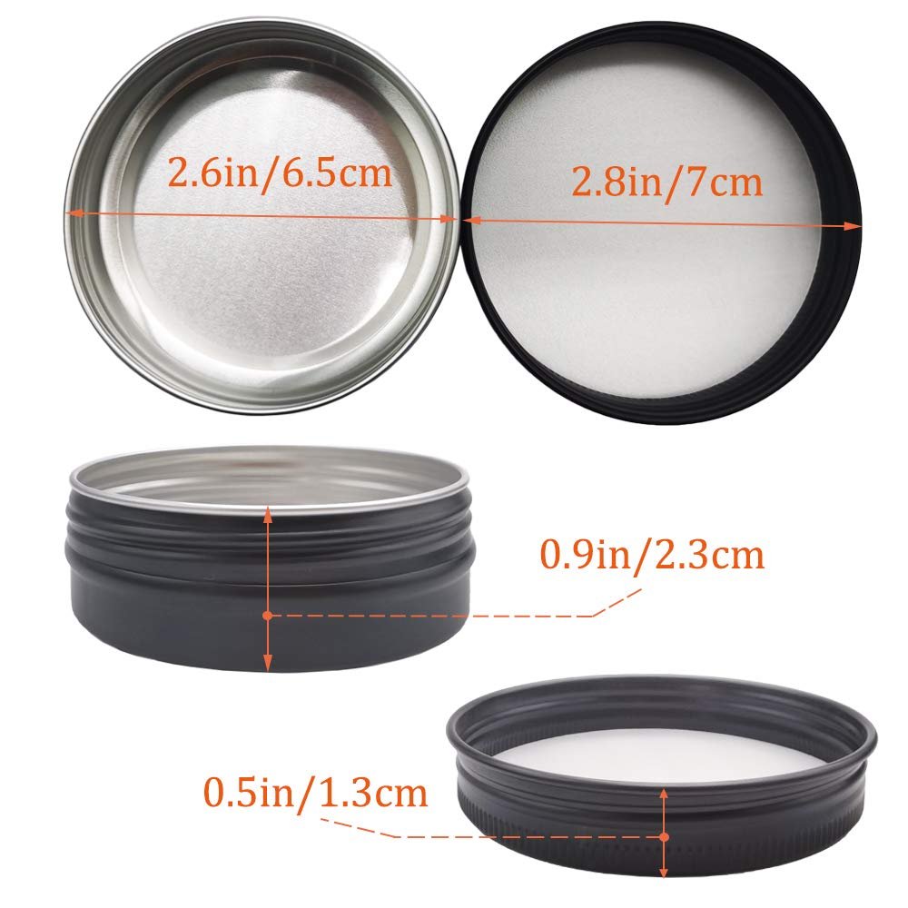 12 Pack 2 oz Aluminum Tin Jars with Screw Lid - Black Round Refillable Containers for Spice, Salve, Powder or Candies - görsel 3