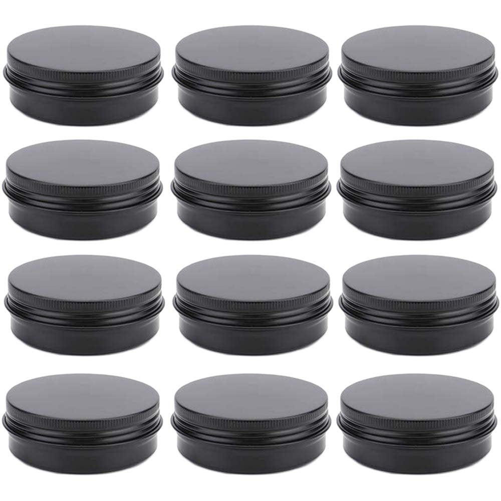 12 Pack 2 oz Aluminum Tin Jars with Screw Lid - Black Round Refillable Containers for Spice, Salve, Powder or Candies - görsel 1