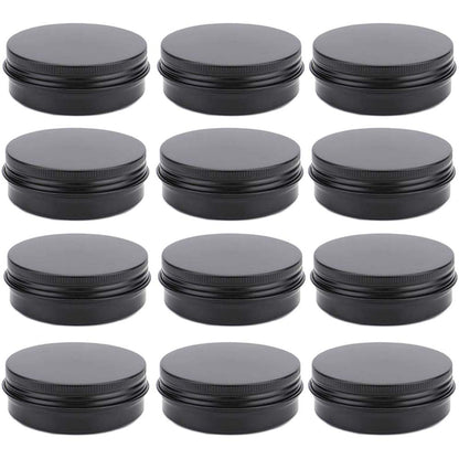 12 Pack 2 oz Aluminum Tin Jars with Screw Lid - Black Round Refillable Containers for Spice, Salve, Powder or Candies