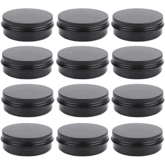 12 Pack 2 oz Aluminum Tin Jars with Screw Lid - Black Round Refillable Containers for Spice, Salve, Powder or Candies