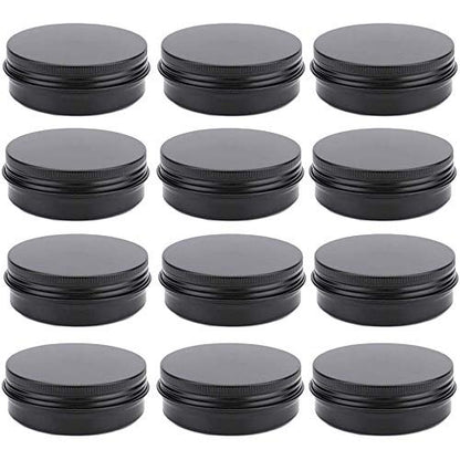 12 Pack 2 oz Aluminum Tin Jars with Screw Lid - Black Round Refillable Containers for Spice, Salve, Powder or Candies