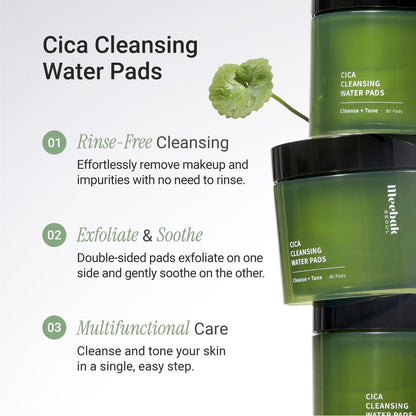 Meebak Cica Cleansing Water Pads - Korean Micellar Makeup Remover Wipes for Sensitive Skin, 80 Count - Hydrating & Calming Exfoliating Toner Pads for Glass Skin