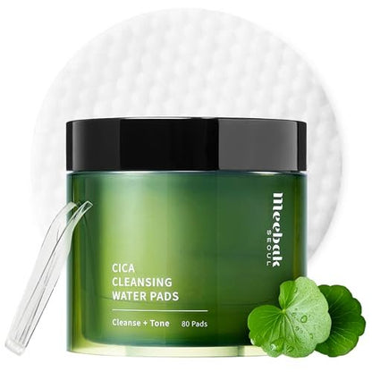 Meebak Cica Cleansing Water Pads - Korean Micellar Makeup Remover Wipes for Sensitive Skin, 80 Count - Hydrating & Calming Exfoliating Toner Pads for Glass Skin