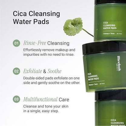 Meebak Cica Cleansing Water Pads - Korean Micellar Makeup Remover Wipes for Sensitive Skin, 80 Count - Hydrating & Calming Exfoliating Toner Pads for Glass Skin