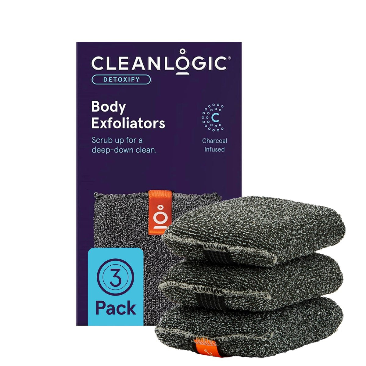 Cleanlogic Detoxify Purifying Charcoal Infused Exfoliating Body Scrubber, Reusable Exfoliator Tool for Smooth and Softer Skin, Daily Skincare Routine, 3 Count Value Pack Avelisse