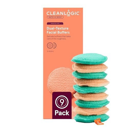 CleanLogic Bath & Body Exfoliating Dual-Texture Facial Pads – Face Sponges for Cleansing & Softening Sensitive Skin, Makeup Remover Pads, Assorted Colors, 9 Count Value Pack