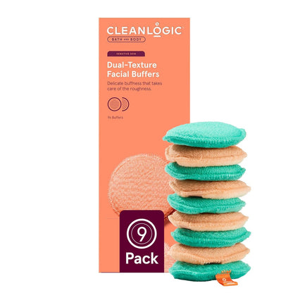 CleanLogic Bath & Body Exfoliating Dual-Texture Facial Pads – Face Sponges for Cleansing & Softening Sensitive Skin, Makeup Remover Pads, Assorted Colors, 9 Count Value Pack