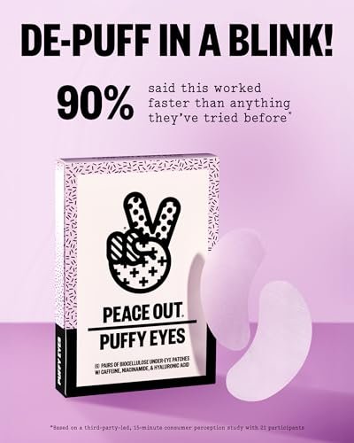 PEACE OUT Puffy Eyes Under Eye Patches - Biocellulose Mask with Caffeine, Niacinamide, Hyaluronic Acid - 6 Pairs Avelisse