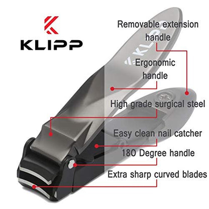 KLIPP Heavy Duty Nail Clippers for Men with Catcher – Self-Collecting Razor-Sharp Cutter for Fingernails & Toenails, Ergonomic Lever, Gift for Men, Includes Ziplock Pouch Avelisse