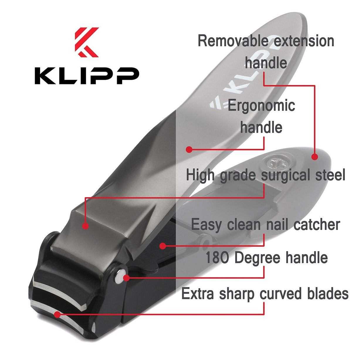 KLIPP Heavy Duty Nail Clippers for Men with Catcher – Self-Collecting Razor-Sharp Cutter for Fingernails & Toenails, Ergonomic Lever, Gift for Men, Includes Ziplock Pouch Avelisse