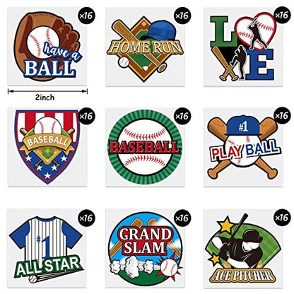144 Pieces Baseball Temporary Tattoos - Waterproof Sport Themed Tattoo Stickers for Kids, Adults, and Fans - 9 Styles, 5cm x 5cm