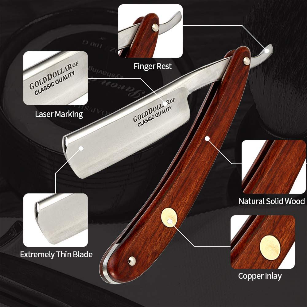 Gold Dollar Straight Razor – Carbon Steel Wooden Handle Retro Shaving Set for Men & Barbers (Coffee, 4 Piece Set) Avelisse
