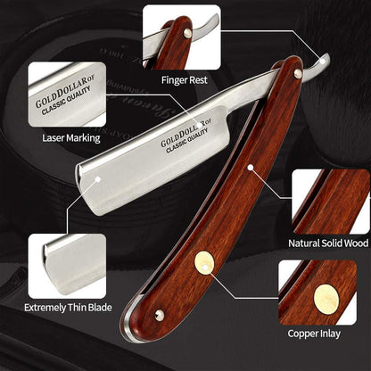 Gold Dollar Straight Razor – Carbon Steel Wooden Handle Retro Shaving Set for Men & Barbers (Coffee, 4 Piece Set) Avelisse