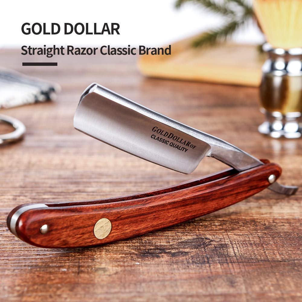 Gold Dollar Straight Razor – Carbon Steel Wooden Handle Retro Shaving Set for Men & Barbers (Coffee, 4 Piece Set) Avelisse