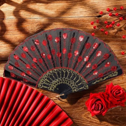 Red Rose Hair Clip & Embroidered Sequins Folding Fan Set – Flamenco & Day of the Dead Costume Accessories for Women