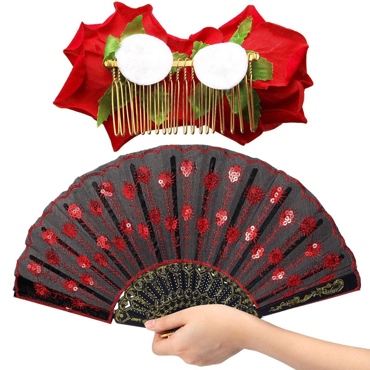 Red Rose Hair Clip & Embroidered Sequins Folding Fan Set – Flamenco & Day of the Dead Costume Accessories for Women - görsel 14