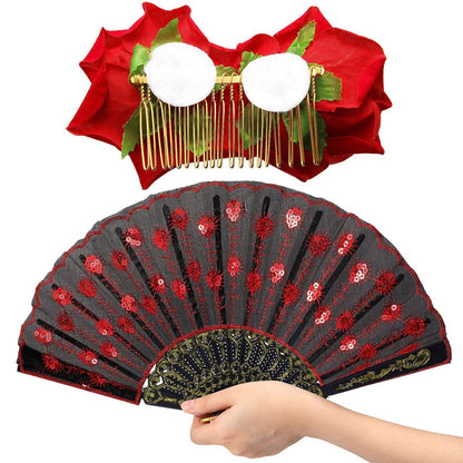 Red Rose Hair Clip & Embroidered Sequins Folding Fan Set – Flamenco & Day of the Dead Costume Accessories for Women