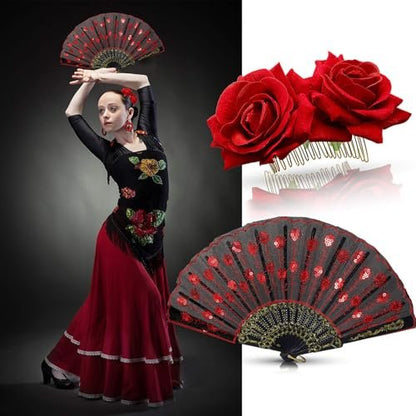 Red Rose Hair Clip & Embroidered Sequins Folding Fan Set – Flamenco & Day of the Dead Costume Accessories for Women