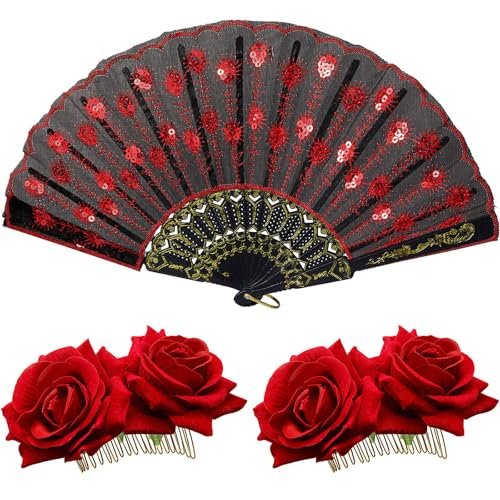 Red Rose Hair Clip & Embroidered Sequins Folding Fan Set – Flamenco & Day of the Dead Costume Accessories for Women - görsel 1