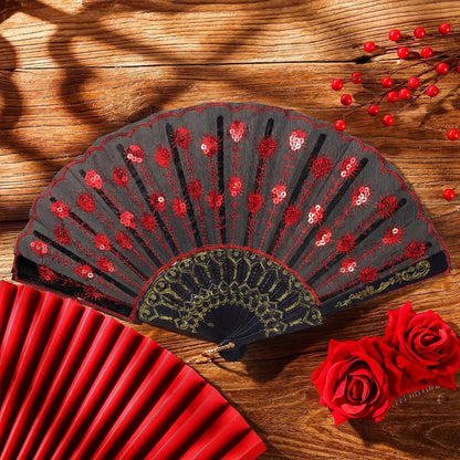 Red Rose Hair Clip & Embroidered Sequins Folding Fan Set – Flamenco & Day of the Dead Costume Accessories for Women