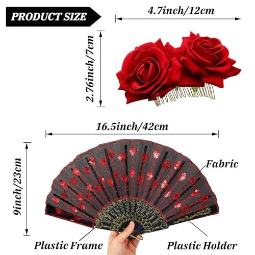 Red Rose Hair Clip & Embroidered Sequins Folding Fan Set – Flamenco & Day of the Dead Costume Accessories for Women - görsel 3