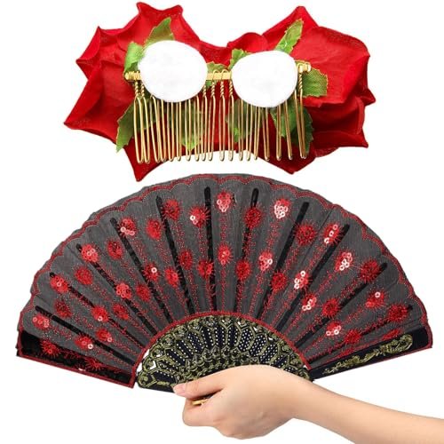Red Rose Hair Clip & Embroidered Sequins Folding Fan Set – Flamenco & Day of the Dead Costume Accessories for Women - görsel 13