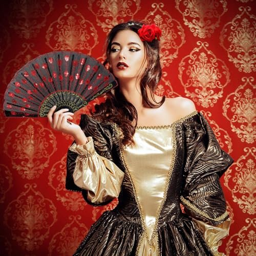 Red Rose Hair Clip & Embroidered Sequins Folding Fan Set – Flamenco & Day of the Dead Costume Accessories for Women - görsel 9