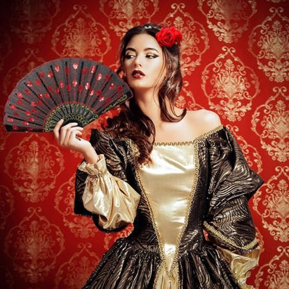 Red Rose Hair Clip & Embroidered Sequins Folding Fan Set – Flamenco & Day of the Dead Costume Accessories for Women