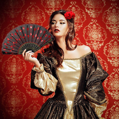Red Rose Hair Clip & Embroidered Sequins Folding Fan Set – Flamenco & Day of the Dead Costume Accessories for Women