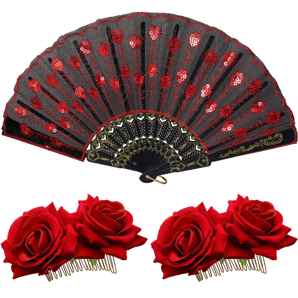 Red Rose Hair Clip & Embroidered Sequins Folding Fan Set – Flamenco & Day of the Dead Costume Accessories for Women - görsel 2
