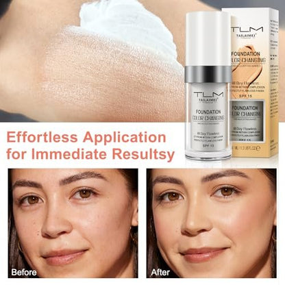 30ml Flawless Colour Changing Foundation - Warm Skin Tone, Moisturizing, Long Lasting Waterproof Liquid Foundation with SPF 15